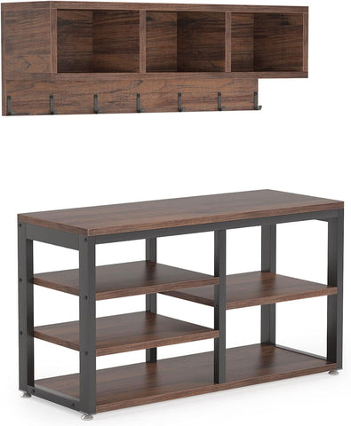 Industrial [Shoe] [Rack] [Bench] with Coat [Rack] Set With Hall Tree, 3 Storage Cubbies,Rustic Brown