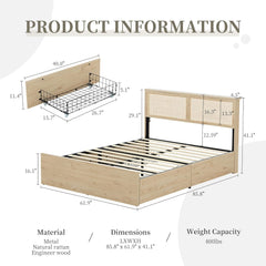 Boho Queen Bed Frame with Natural Rattan Headboard and Wooden 4 Storage Drawers