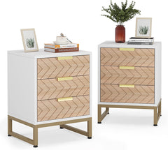 Modern 3 Drawers Bedside Table with Unique Zig Zag Design White/Light Brown