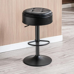 Round Storage Bar Stool, Black Faux Leather Height Adjustable Barstool, 360°Counter Height Swivel Stool, Armless Bar Chair with Metal Frame for Kitchen Counter Dining Living Room