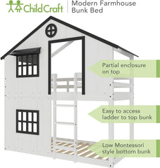 Modern Farmhouse Twin Over Twin Bunk Bed for Kids, Low Wooden Montessori Bunk Bed, Easy to Access Ladder to Top Bunk, Non-Toxic, Baby Safe Finish