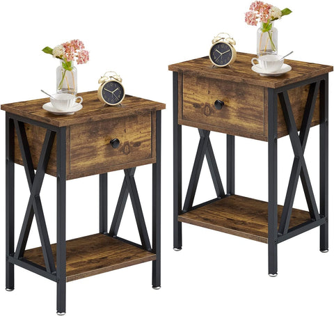 Nightstand,Side End Table with Drawer,Storage Shelf for Living Room Bedroom,Modern style,Set of 2, Antique Brown