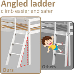 Loft Bed with Slide, Wood Twin Low Loft Bed with Climbing Ladder & Storage Space for Kids Toddler, White