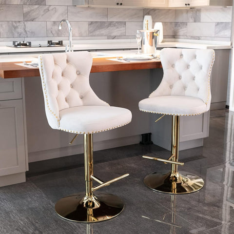 Swivel Bar Stools Set of 2,Adjustable Barstools with Back Velvet Tufted Counter Stool Modern Upholstered, Beige Gold