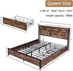 Queen Bed Frame with Bookcase Headboard and 4 Storage Drawers, Vintage Brown