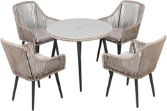 5-Piece Patio Dining Set, Outdoor Dining Table Chair Set, All-Weather Twisted Rattan Wicker Rope Conversation Set, Patio Furniture Set w/Umbrella Hole, 4 Cushioned Chairs&Glass Table