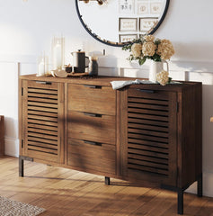 Solid Wood Buffet Cabinet with Storage, Pre-Assembled Sideboard with 3 Drawers & 2 Doors, Rustic Chestnut, 55 inch