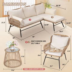 6 Pcs Boho Outdoor Small Patio Furniture Lounge Set with Beige Cushion and Round Glass Table