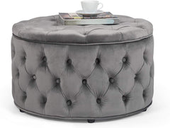 Round Velvet Storage Ottoman, Button Tufted Footrest Stool Coffee Table for Living Room (Grey)