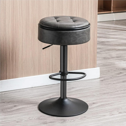 Round Storage Bar Stool, Black Faux Leather Height Adjustable Barstool, 360°Counter Height Swivel Stool, Armless Bar Chair with Metal Frame for Kitchen Counter Dining Living Room
