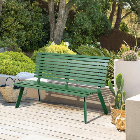 Outdoor Aluminum Garden Bench, Patio Porch Chair Furniture, Slatted Design w/Backrest, Green