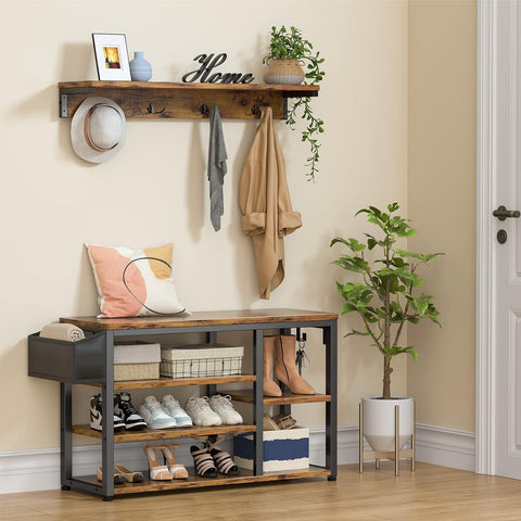 Hall Tree Shoe Bench with Storage, 4 in 1 Coat Rack Set, Industrial Bench with 4 Hooks, 5 Storage Shoe Cubbies, for Entryway, Hallway, Rustic Brown