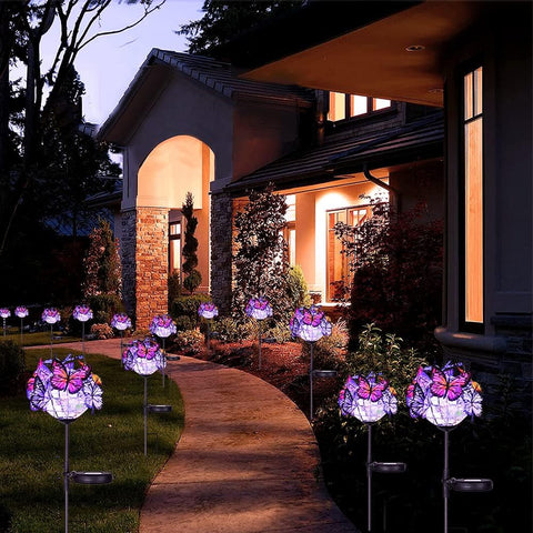 Outdoor Solar Lights, 2 Pack Solar Garden Stake Lights with 18 Butterflies Decoration Outdoor Lights, Waterproof Solar Butterfly Lights, Bigger Solar Panel for Patio Yard Pathway Garden Decor