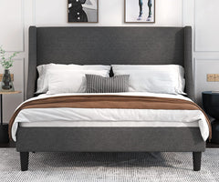 Platform Bed Frame Queen Size with Upholstered Headboard, Dark Grey