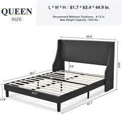 Platform Bed Frame Queen Size with Upholstered Headboard, Dark Grey