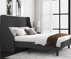 Platform Bed Frame Queen Size with Upholstered Headboard, Dark Grey