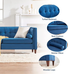 78'' W Velvet Sofa, Mid-Century Modern Love Seats Sofa Furniture with Bolster Pillows, Button Tufted Couch for Living Room, Tool-Free Assembly (Sofa, Navy Blue)