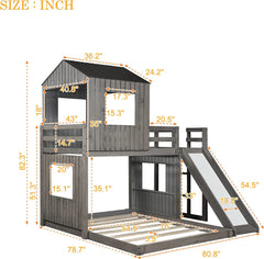 House Bed Bunk Beds with Slide, Wood Bunk Beds with Roof and Guard Rail for Kids, Toddlers, No Box Spring Needed