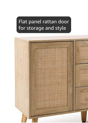Kitchen Buffet Cabinet with Storage, Credenza, Buffets & Sideboards, Natural Rattan Cabinet, Accent Cabinet, Entertainment Center with Storage (Natural Oak)