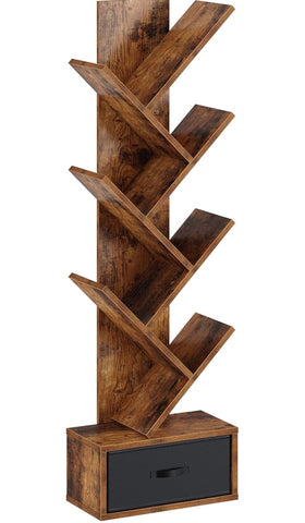 7 Tier Tree Bookshelf, Industrial Wood Bookcase, Vintage Storage Rack with Open Shelves, Rustic Standing Bookshelves Display Rack for Living Room, Bedroom, Rustic Brown Black