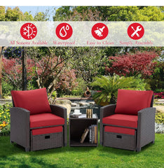 Patio Furniture Set, 5-Pieces Wicker Outdoor Sectional with Cushions, Wine Red, Includes Coffe Table and Ottomans, Furniture for Pool, Garden, Patio, Balcony Red