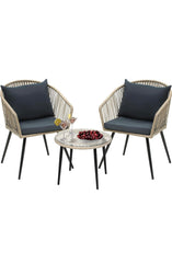 3 Piece Outdoor Patio Furniture Wicker Bistro Set, All-Weather Rattan Conversation Chairs for Backyard, Balcony and Deck with Soft Cushions, Glass Side Table, Gray Rattan