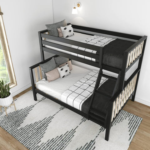 Scandinavian Modern Bunk Bed, Solid Wood Twin Over Full Bed Frame for Kids, No Box Spring Needed, Black/Blonde
