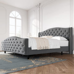 Modern Upholstered King Bed Frame,Button Tufted Headboard and Footboard Design Solid Wooden Slat Support Easy Assembly, Grey