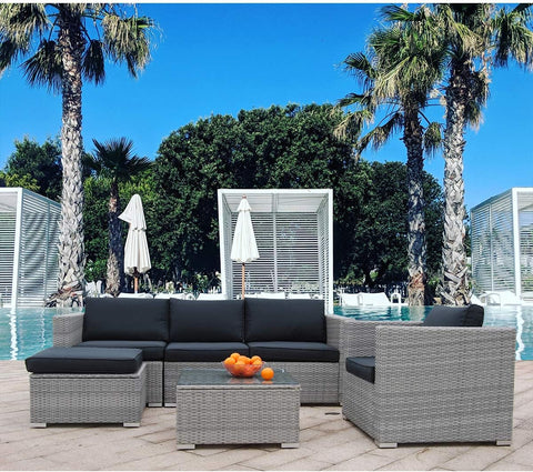 6pcs Patio Furniture Set PE Rattan Wicker Sectional Outdoor Sofa Set Outside Couch w/Beige Washable Seat Cushions & Modern Glass Coffee Table