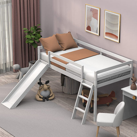Loft Bed with Slide, Wood Twin Low Loft Bed with Climbing Ladder & Storage Space for Kids Toddler, White