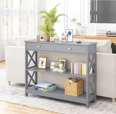 Console Table with Drawer and Storage Shelves, Narrow Sofa Table for Living Room, Easy Assembly, 3-Tier Entryway Table with Storage for Hallway (Grey)