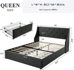 Queen Bed Frame with 4 Storage Drawers and Wingback Headboard, Button Tufted Design, No Box Spring Needed, Dark Grey