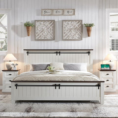 Farmhouse King Size Bed Frame with 47" Headboard, Wood Bed Frame with Groove Sliding Barn Door Footboard, Platform Bed with Wood Slats Support, No Box Spring Needed (White)