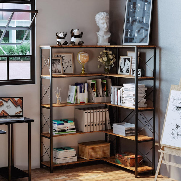 5-Shelf Corner Bookcase, Vintage Industrial Corner Bookshelf Etagere Bookcase,