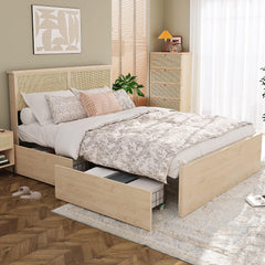 Boho Queen Bed Frame with Natural Rattan Headboard and Wooden 4 Storage Drawers