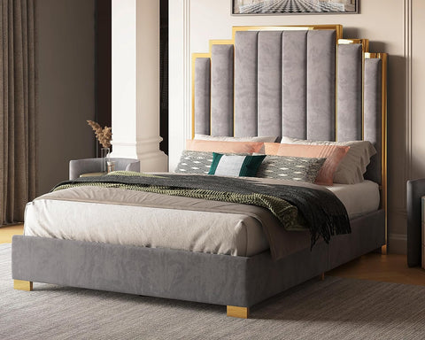 Queen Size Platform Bed Frame, 61.4" Velvet Upholstered Bed with Gold Trim Headboard/Wooden Slats/No Box Spring Needed/Grey