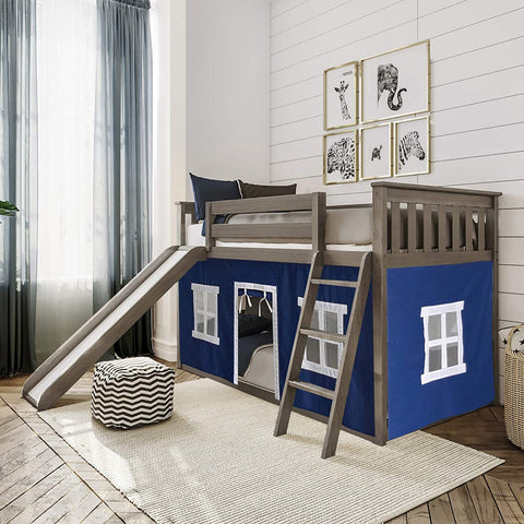 Low Bunk Bed, Twin-Over-Twin Bed Frame For Kids With Slide and Curtains For Bottom, Clay/Blue