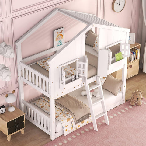 House Bunk Bed Twin Over Twin for Kids, Wood Bunk Beds with Roof, Windows, Window Box and Small Door, Floor Bunk Beds with Ladder and Guard Rails for Girls Boys, White