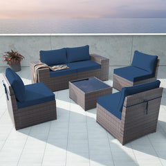 Outdoor Patio Furniture Sets 6 Piece Patio Sectional Furniture All-Weather Outdoor Patio Sofa PE Wicker Backyard Deck Couch Conversation Chair Set w/Table & 5 Navy Blue Thickened Cushions