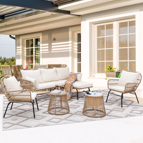6 Pcs Boho Outdoor Small Patio Furniture Lounge Set with Beige Cushion and Round Glass Table