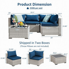 All Weather Outdoor Couch with Tempered Glass Coffee Table & Olefin Cushions for Deck Backyard ,Navy blue