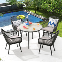 5-Piece Patio Dining Set, Outdoor Dining Table Chair Set, All-Weather Twisted Rattan Wicker Rope Conversation Set, Patio Furniture Set w/Umbrella Hole, 4 Cushioned Chairs&Glass Table