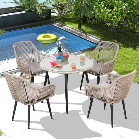 5-Piece Patio Dining Set, Outdoor Dining Table Chair Set, All-Weather Twisted Rattan Wicker Rope Conversation Set, Patio Furniture Set w/Umbrella Hole, 4 Cushioned Chairs&Glass Table