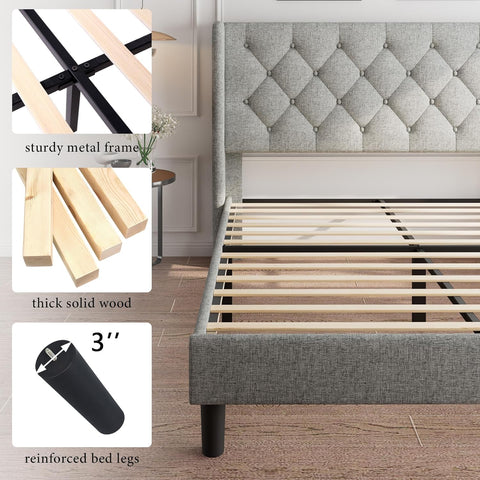 Queen Bed Frame Upholstered Wingback Platform Bed Frame with Diamond Button Tufted Headboard,Light grey