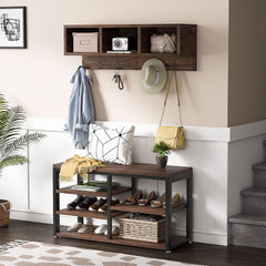 Industrial [Shoe] [Rack] [Bench] with Coat [Rack] Set With Hall Tree, 3 Storage Cubbies,Rustic Brown