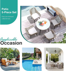 5-Piece Patio Dining Set, Outdoor Dining Table Chair Set, All-Weather Twisted Rattan Wicker Rope Conversation Set, Patio Furniture Set w/Umbrella Hole, 4 Cushioned Chairs&Glass Table