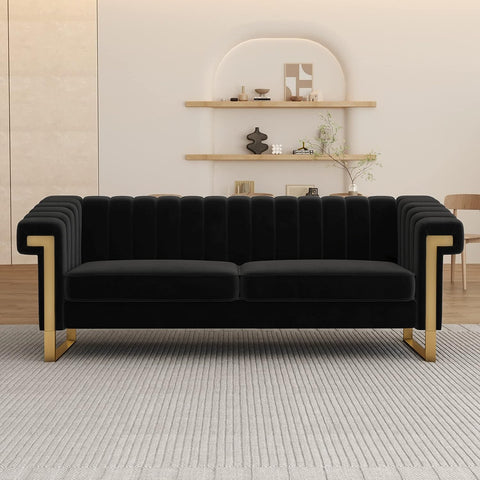 83'' Velvet Couch Sofa Mid-Century Modern Love Seat Chesterfield 3 Seat Couches Sofa for Living Room Apartment (Black)