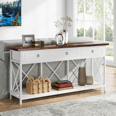 Farmhouse Entryway Table with Storage Shelf, Narrow Long Sofa Foyer Table for Entryway, Hallway (White/Brown)