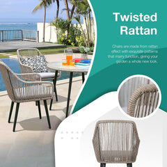 5-Piece Patio Dining Set, Outdoor Dining Table Chair Set, All-Weather Twisted Rattan Wicker Rope Conversation Set, Patio Furniture Set w/Umbrella Hole, 4 Cushioned Chairs&Glass Table