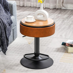 Round Storage Bar Stool, Black Faux Leather Height Adjustable Barstool, 360°Counter Height Swivel Stool, Armless Bar Chair with Metal Frame for Kitchen Counter Dining Living Room